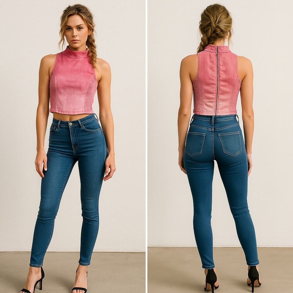 RETROFETE Nova Crop Top Pink Sorbet Denim Sleeveless Zip Smocked Stretch XL NEW